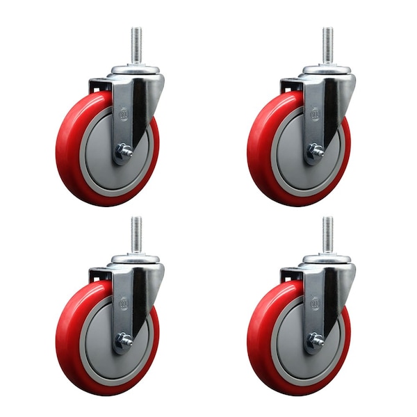 5 Inch Red Polyurethane Wheel Swivel 58 Inch Threaded Stem Caster Set Service Caster